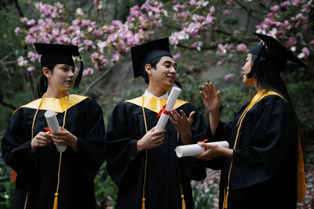College graduates in caps and gowns celebrating majors that lead to high-paying jobs