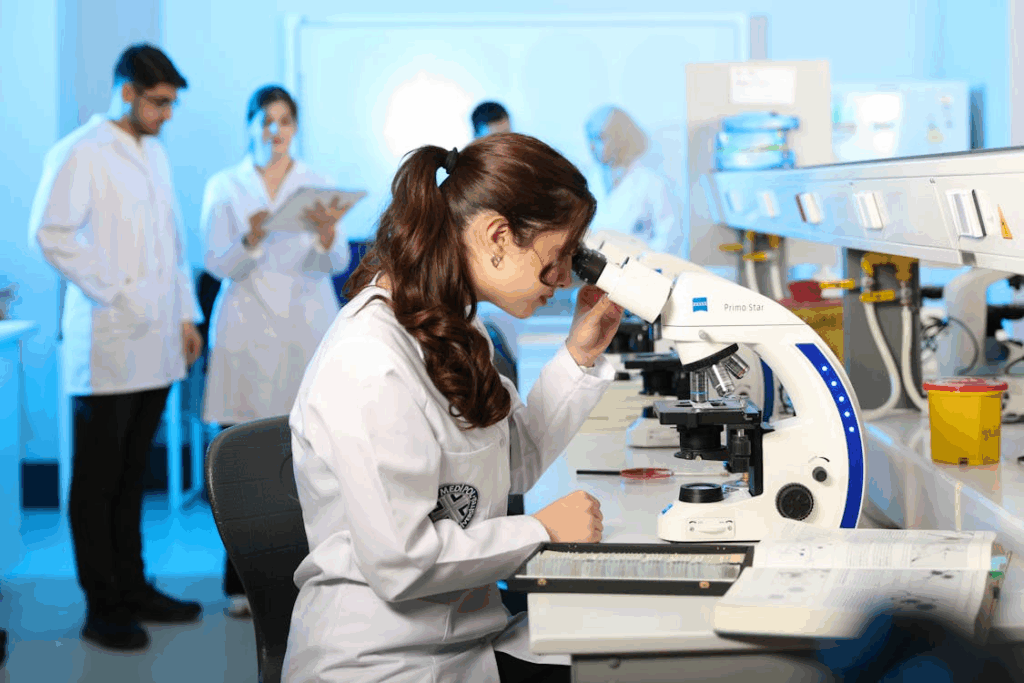 College students conducting research in laboratory as part of STEM career training