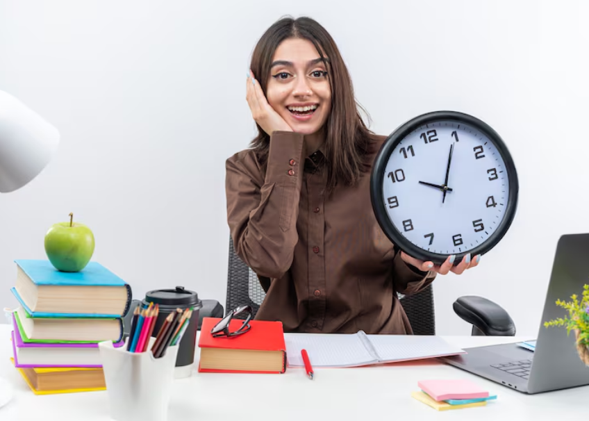 College student with books and clock highlighting study hacks for productivity and balance