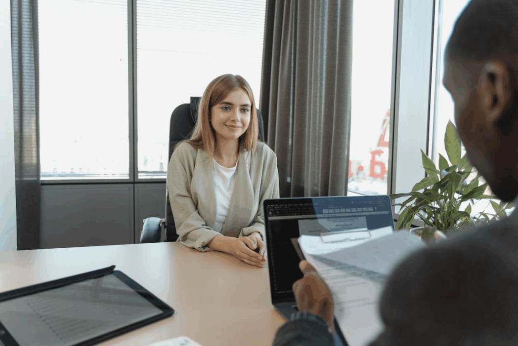 First-time job seeker in interview showing confidence and preparation